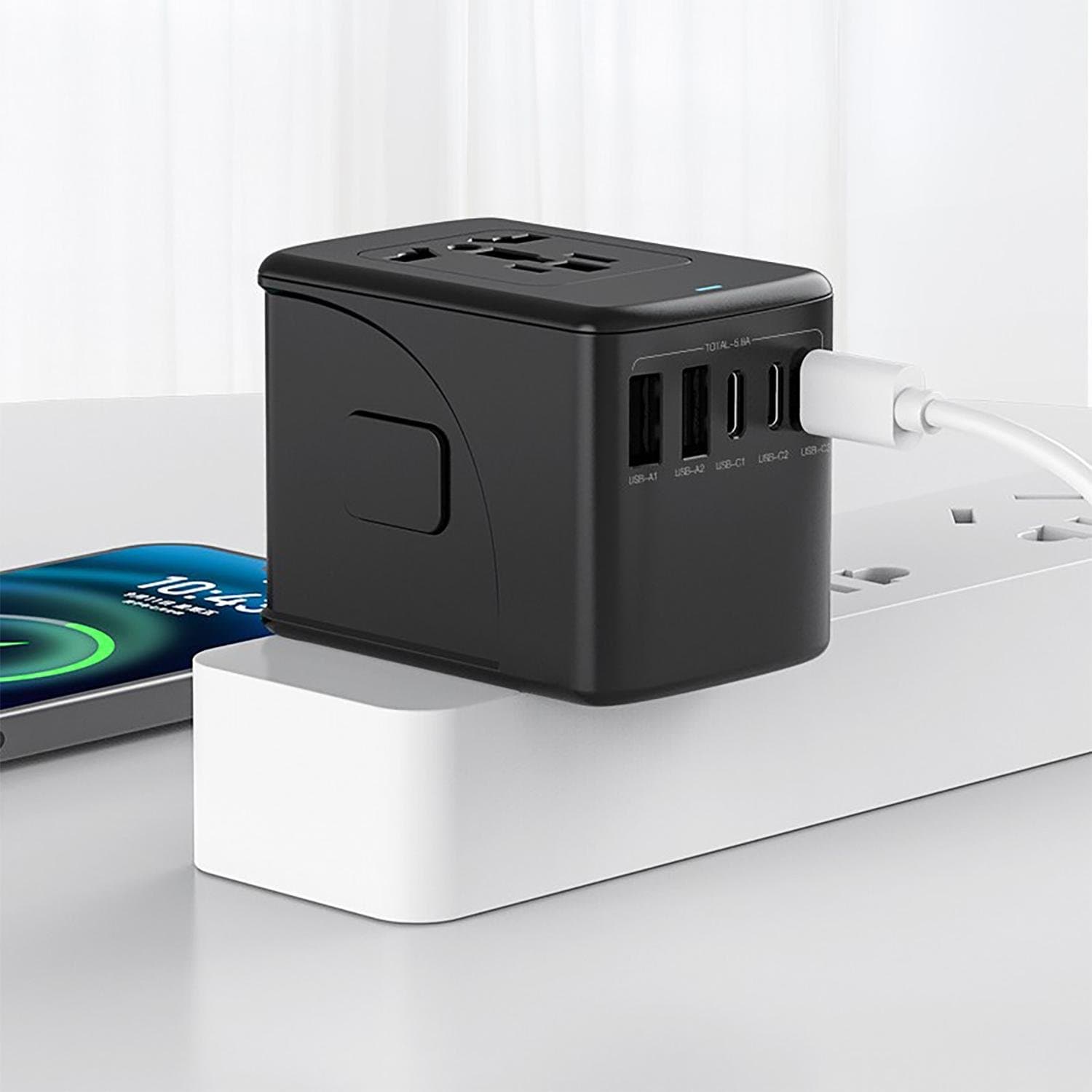 Universal Travel Adapter 2 USB-A & 3 Type-C Ports 5.8A Output with Nylon Pouch Black