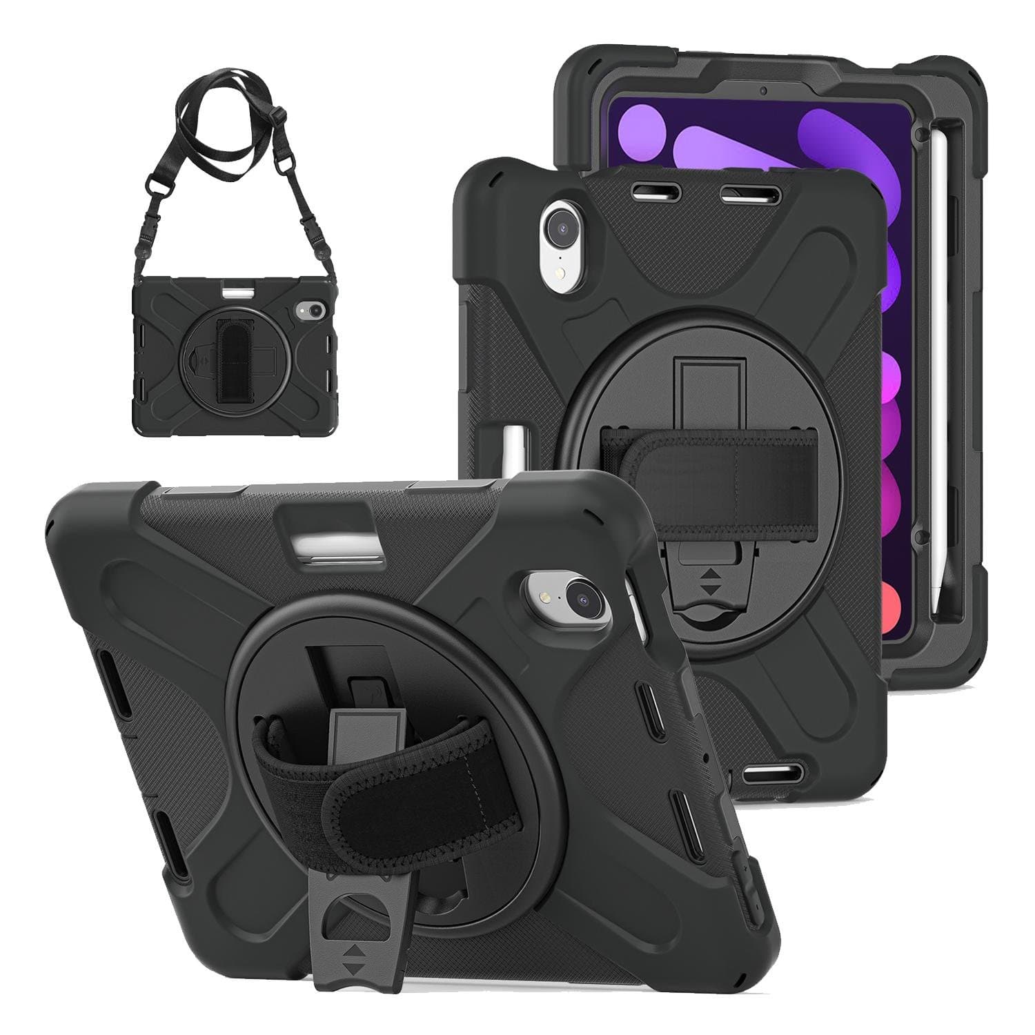 Heavy Duty Case with Kickstand, Built-in Screen Protector, and Hand & Shoulder Strap for iPad Mini 7/Mini 6