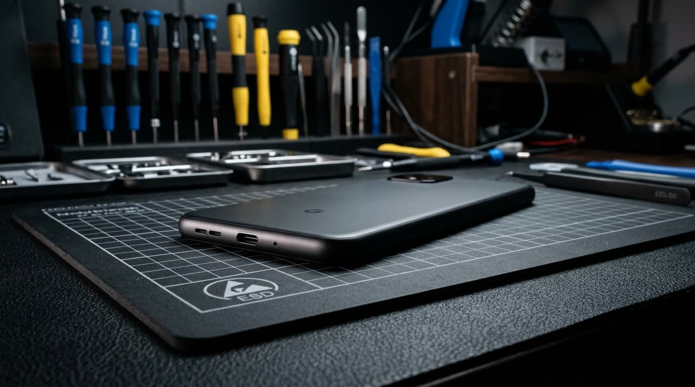 Phone on a repair mat with precision tools